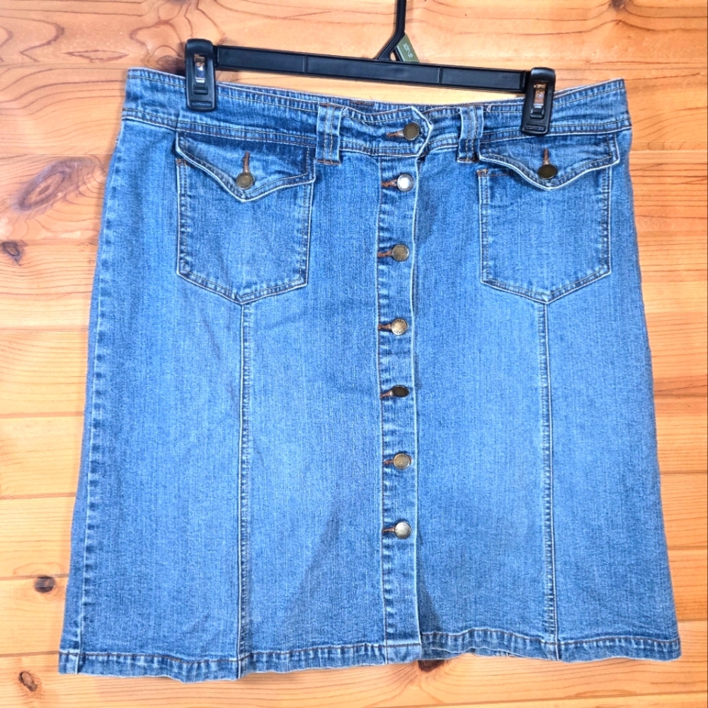 Vintage Villager Womens  Stretch Denim Button Front Straight Midi Skirt Size 16